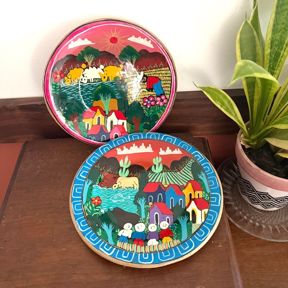 Vintage Mexican Folk Art Clay Hand Painted Wall Plate Earthenware Town Farm
